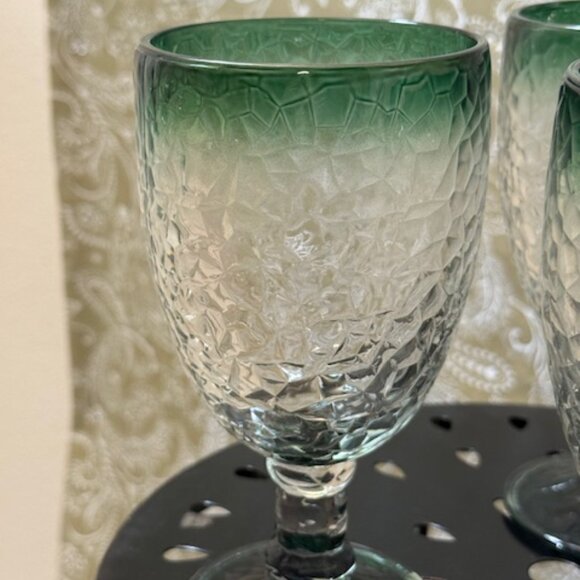 Set of  3 Large Vintage Libbey Ombre Green Crackle Glass Wine/Water Goblets - Picture 13 of 16